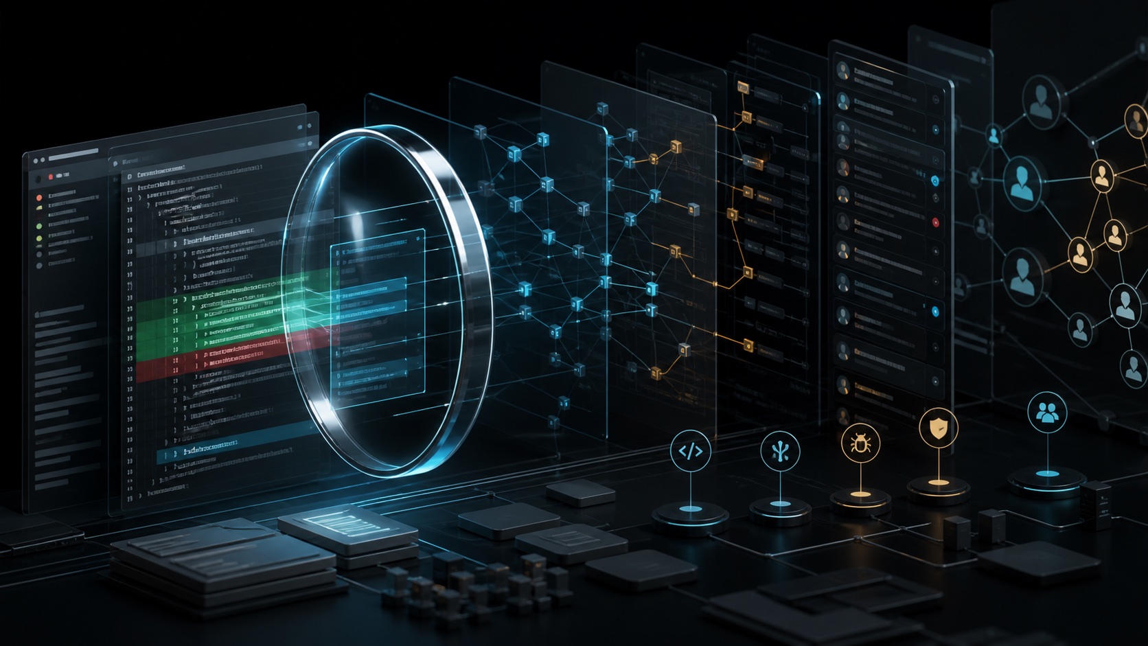 An AI review lens connecting a code diff with ownership, coupling, and prior decision evidence