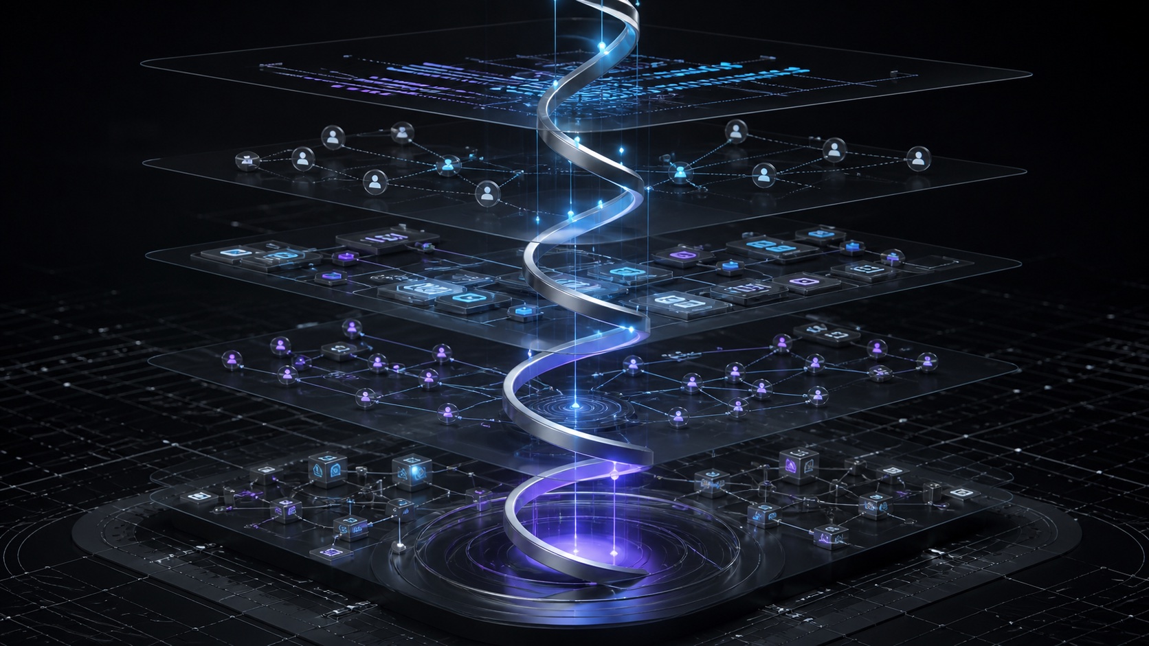 A luminous engineering graph connecting repositories, people, pull requests, and files
